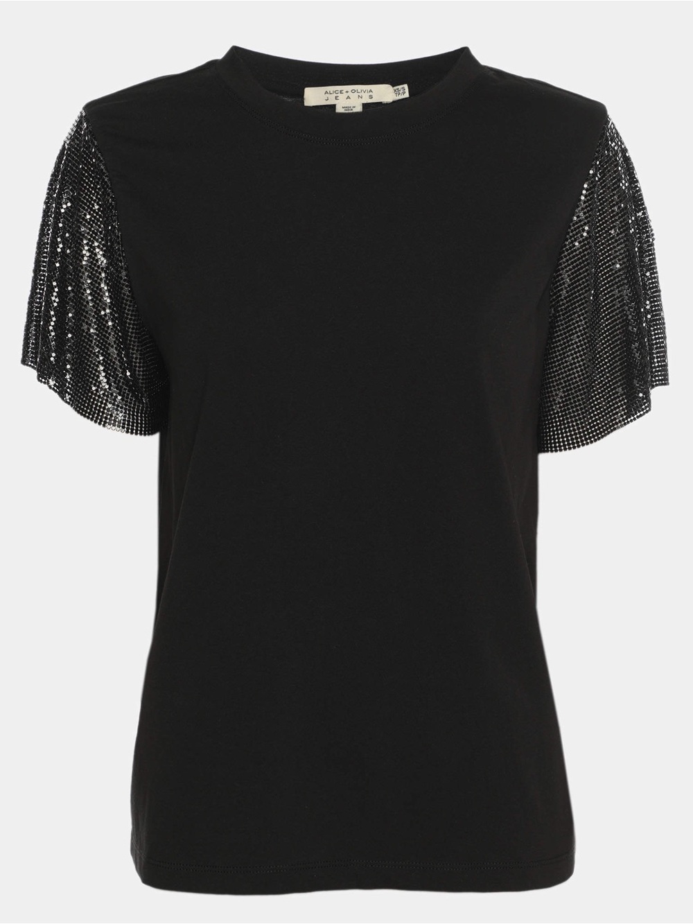 Alice + Olivia Black Short Sleeve Tee with Sequin Sleeve Accents